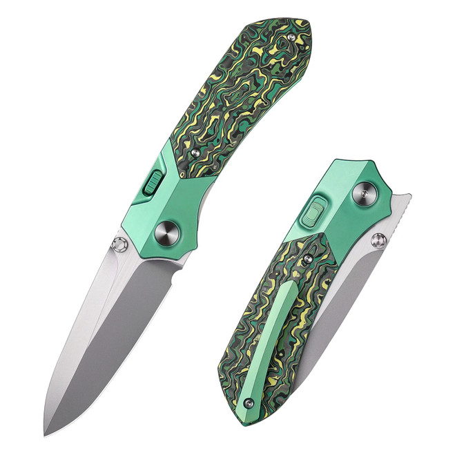 Remette RT-Meteor Folding Knife Green Titanium/Carbon Fiber Inlay Handle M390 Spear Point Plain Edge Satin Finish RTPT-CL