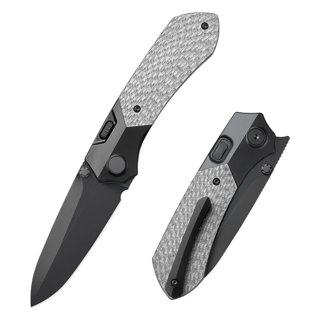 Remette RT-Meteor Folding Knife Black Titanium/Silver Twill Carbon Fiber Inlay Handle M390 Spear Point Plain Edge Black DLC Finish RTPT-BDL