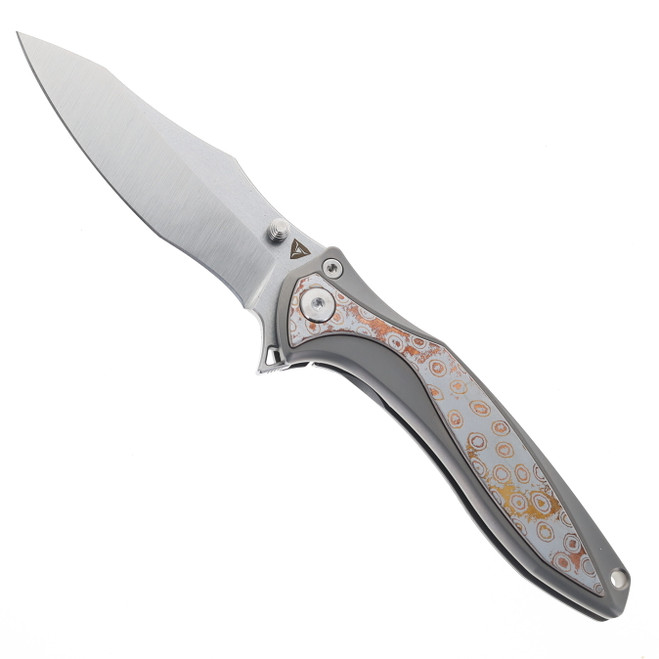 Tuya Knives Camel Folding Knife Gray Titanium Integral/Color Mokume Handle M390 Drop Point Plain Edge Stonewash Finish