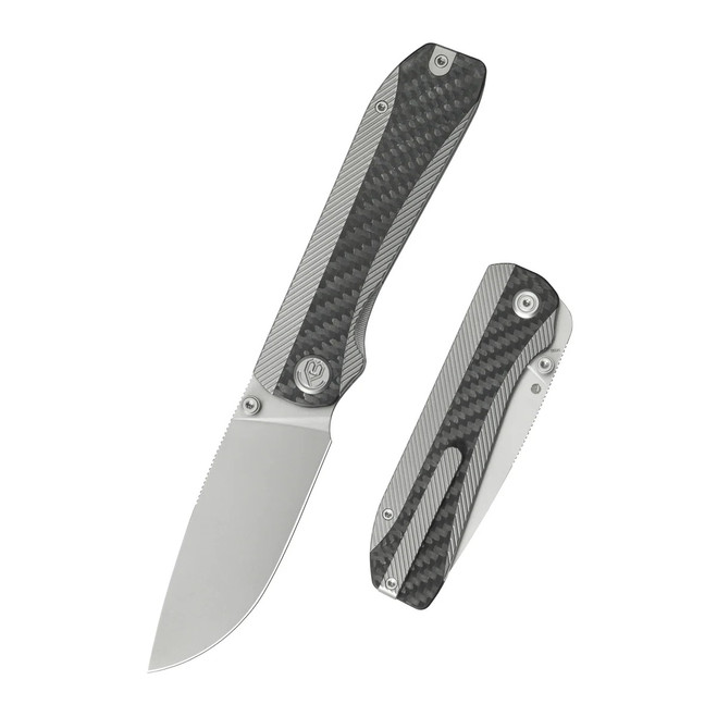 KB Zephyr Folding Knife Gray/Black Titanium/Carbon Fiber Handle M390 Drop Point Plain Edge Beadblast Finish KB431A