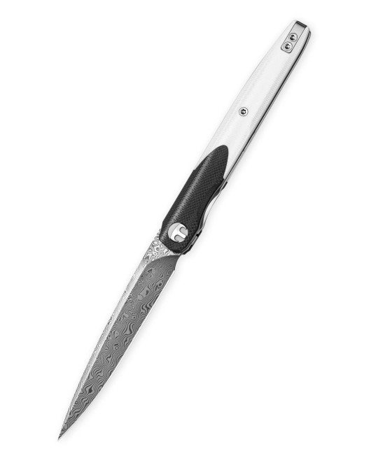 Bestechman Lanza Folding Knife Black/White G10 Handle Damascus Plain Edge Acid Etched Finish BMK14-D-1