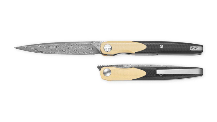 Bestechman Lanza Folding Knife Khaki/Black G10 Handle Damascus