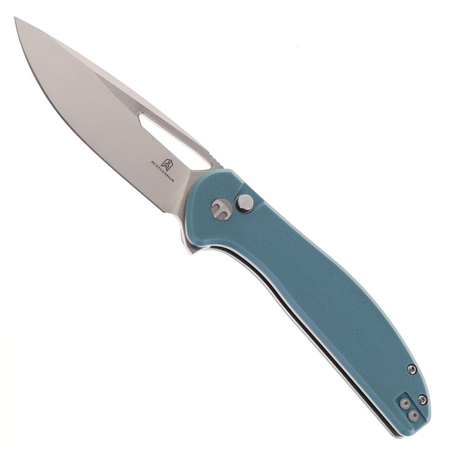 Bestechman Whalefin Folding Knife Blue G10 Handle D2 Plain Edge Flat Stonewash/Satin Finish BMK18B