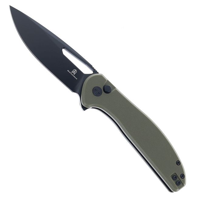 Bestechman Whalefin Folding Knife OD Green G10 Handle D2 Plain Edge Black PVD Finish BMK18D