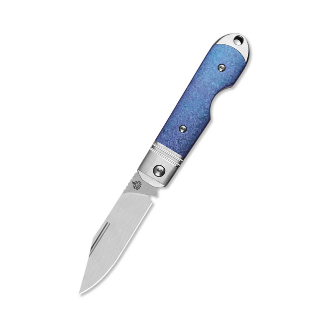 QSP Moray Limited Edition Folding Knife Blue Crystal Titanium Handle Vanax Spear Point Plain Edge Belt Satin Finish QS171-A