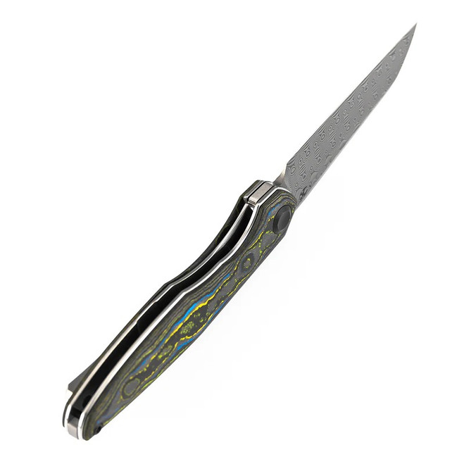 Kansept Halide Folding Knife Gecko Camo Carbon Handle Damascus