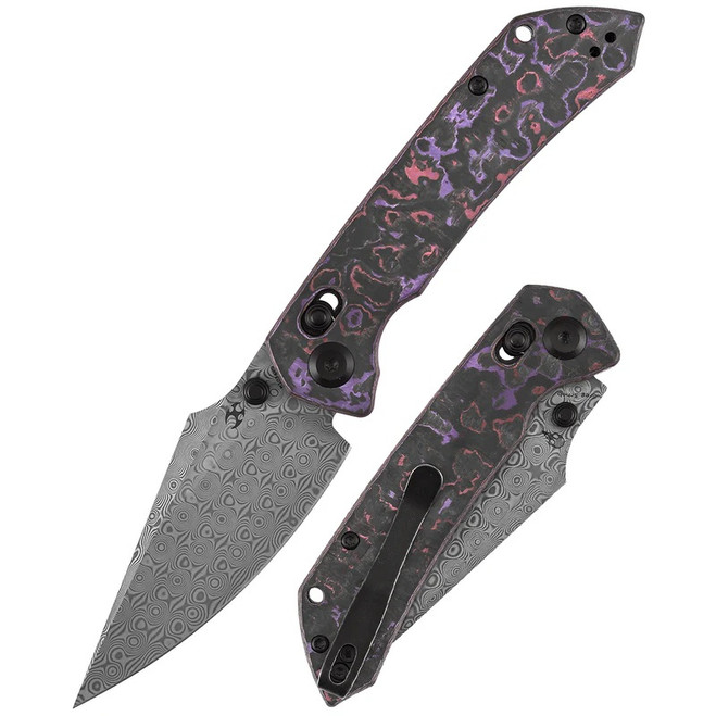 Kansept Fenrir Folding Knife Purple Haze Fatcarbon Handle Damascus Harpoon Plain Edge K1034V9