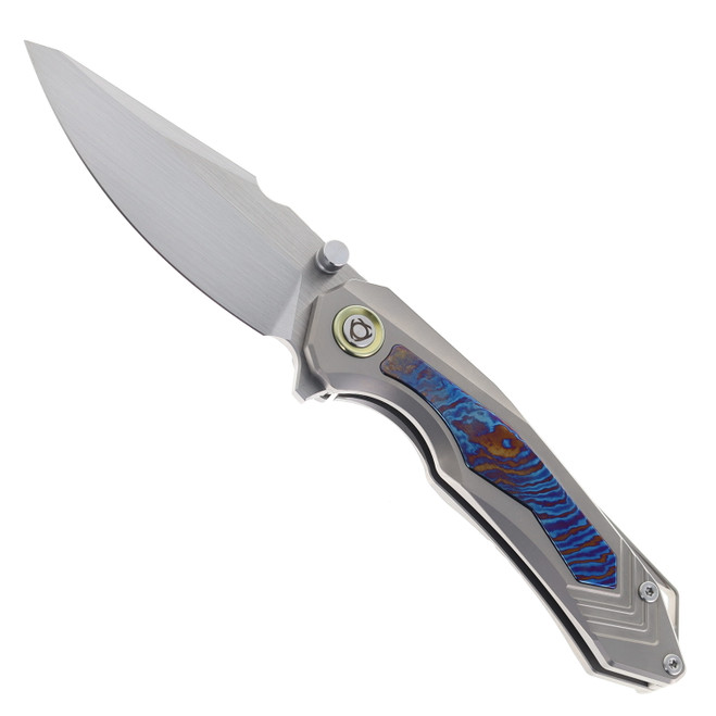 SixLeaf Folding Knife Gray/Blue Titanium/TiDamascus Handle 14C28N Drop Point Plain Edge SL-100-Tima
