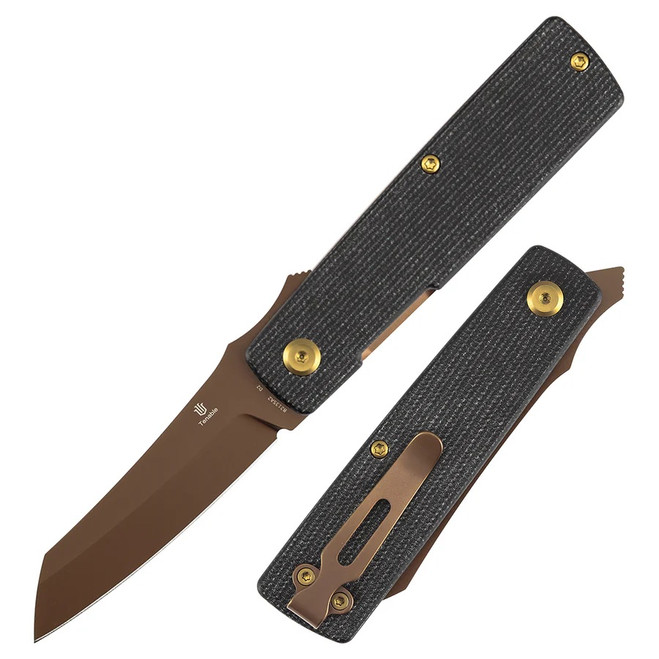 Tenable Higonokami Folding Knife Black Micarta Handle D2 Reverse Tanto Plain Edge Rose Gold Finish B2135A2