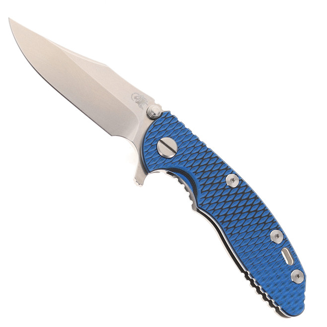 Hinderer Knives XM-18 3.0" Folding Knife Bowie Blade Blue/Black G10 Handle Stonewashed Titanium & 20CV Blade