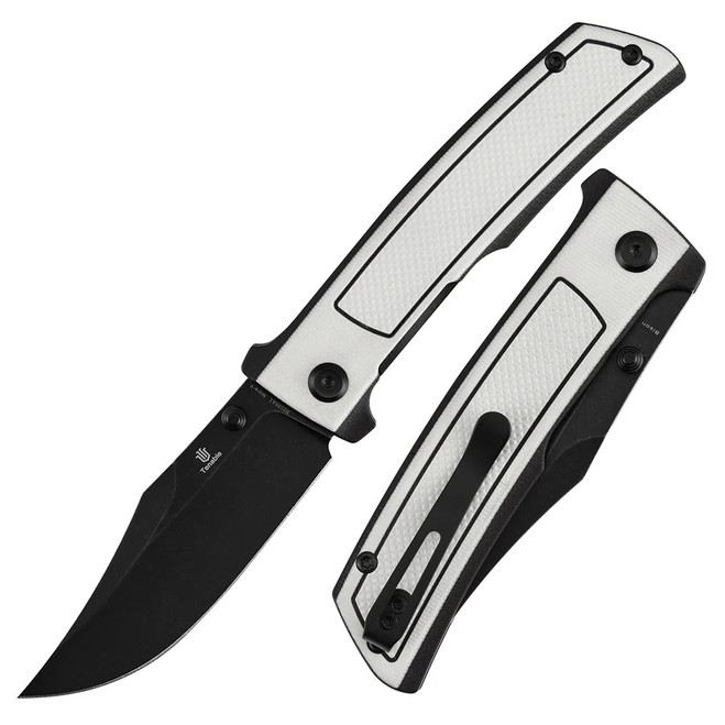 Tenable Bison Folding Knife Black/White G10 Handle Nitro-V Clip Point Plain Edge Blackwash Finish B2108A1