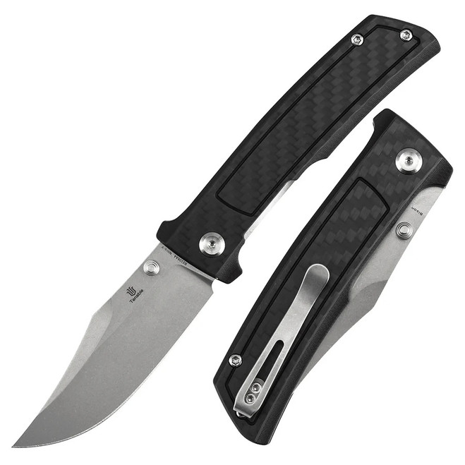 Tenable Bison Folding Knife Black Twill Carbon Fiber/G10 Handle Nitro-V Clip Point Plain Edge Stonewash Finish B2108A4