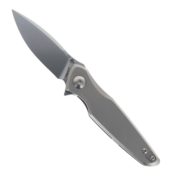 Spartan Blades Pandia Folding Knife Gray Titanium Handle Magnacut Spear Point Plain Edge SF16SW