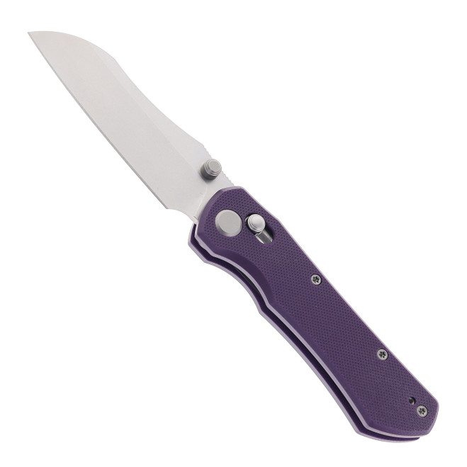 Geo Knife Komodo Folding Knife Purple G10 Handle M390 Drop Point Plain Edge Stonewash Finish GEO2509G