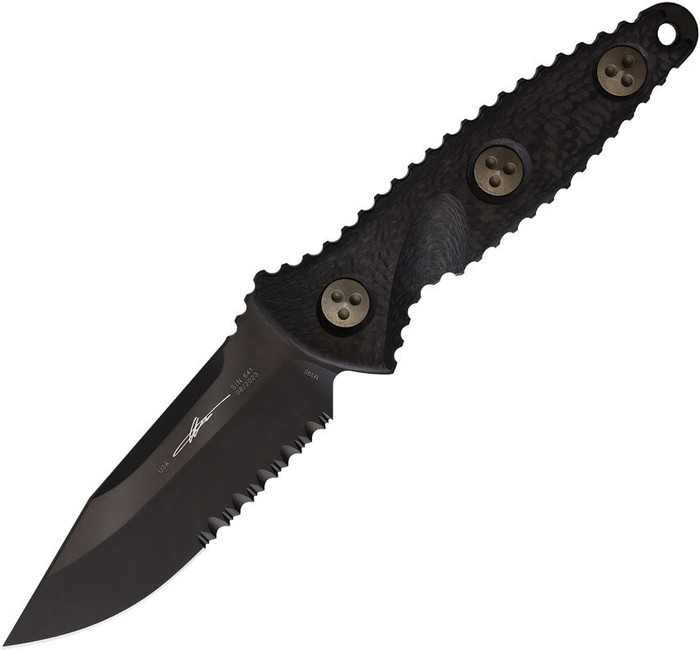 Microtech Socom Alpha Mini Fixed Blade Carbon Fiber Handle S/E DLC M390 Partial Serrated Blade 113M-2DLCCFS