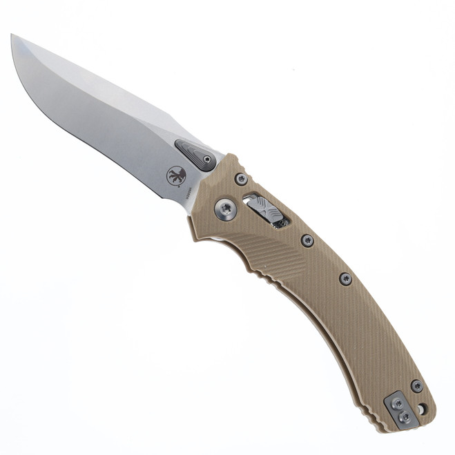Microtech Amphibian Ram-Lok Folding Knife S/E Stonewash Finish Bohler M390MK Blade Tan G10 Handle 137RL-10FLGTTA