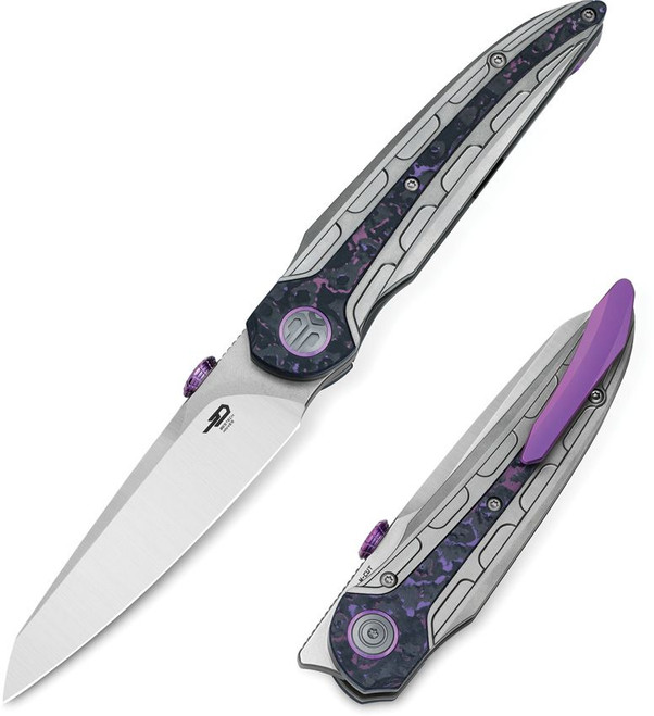 Bestech Prydwen Folding Knife Beadblast Titanium/Purple Haze Fat Carbon Fiber Handle M-Cut Sheepsfoot Plain Edge Satin Finish BT2409A