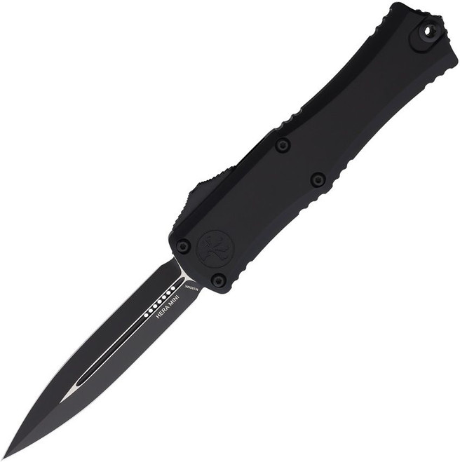 Microtech MIni Hera II OTF Automatic Knife Two-Tone Finish Bohler M390MK D/E Blade Black Aluminum Handle 1702M-1T
