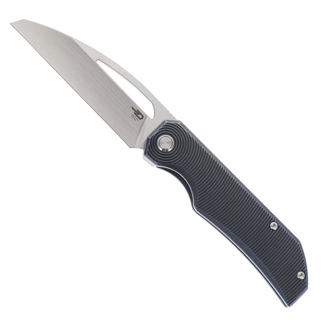 Bestech Mini Taipan Folding Knife Black/Blue Titanium Handle M-Cut Sheepsfoot Plain Edge Hand Satin Finish BT2603D