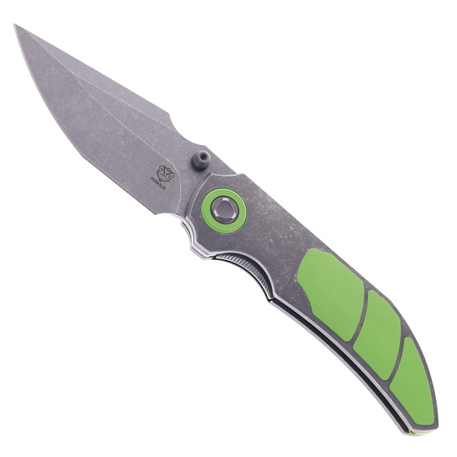 Poikilio Standard Folding Knife Green Titanium Handle M398 Harpoon Plain Edge DSW Finish COL-CAS-STDDSW-398-TI-GRN-3P