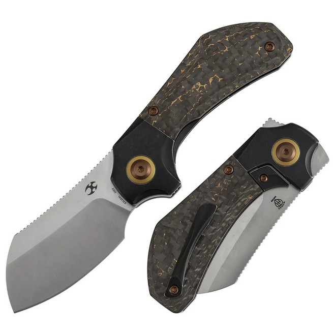 Kansept Pluto Folding Knife Black Titanium/Gold Flake Carbon Fiber Handle S90V Drop Point Plain Edge Satin Finish K3129A1