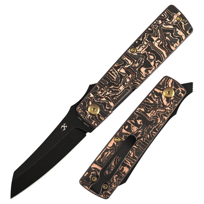 Kansept Higonokami Folding Knife Copper Carbon Fiber Handle 154CM Cleaver Plain Edge Blackwash Finish T2135A2