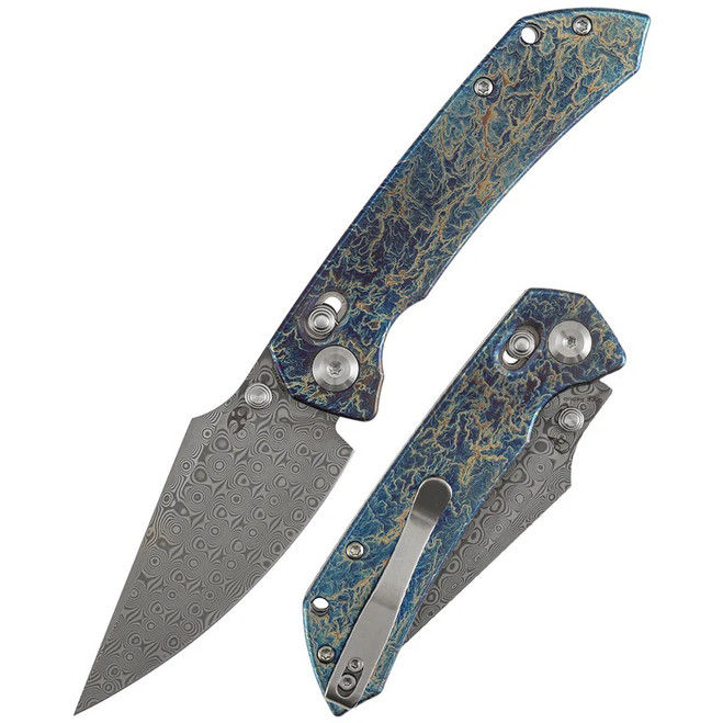 Kansept Fenrir Folding Knife Lightning Strike Titanium Handle Damascus Harpoon Plain Edge K1034V10