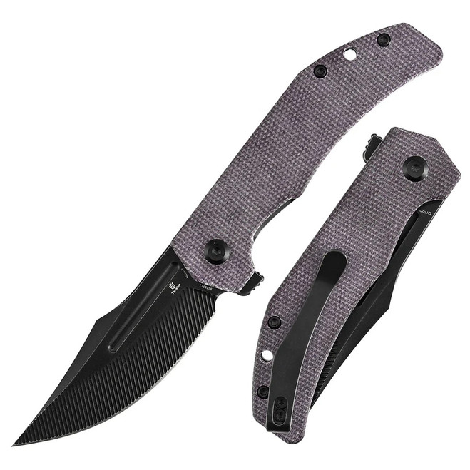 Tenable Orion Folding Knife Purple Micarta Handle Nitro-V Clip Point Plain Edge Blackwash Finish B1089C1