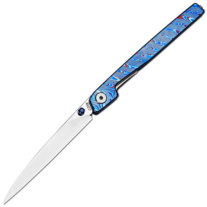 CJRB Lanky Folding Knife Blue Titanium Damascus Handle S90V