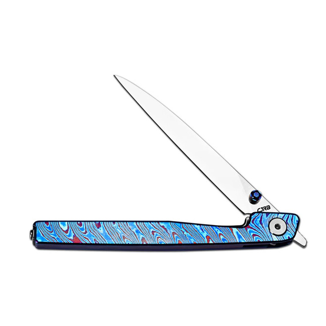 CJRB Lanky Folding Knife Blue Titanium Damascus Handle S90V