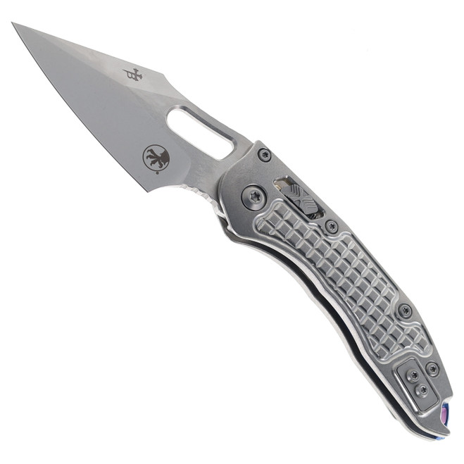 Microtech Stitch Marfione Select Ram-Lok Folding Knife Frag Titanium Handle with Blue Accents Stonewash M390MK Blade 169RL-10FRMS2