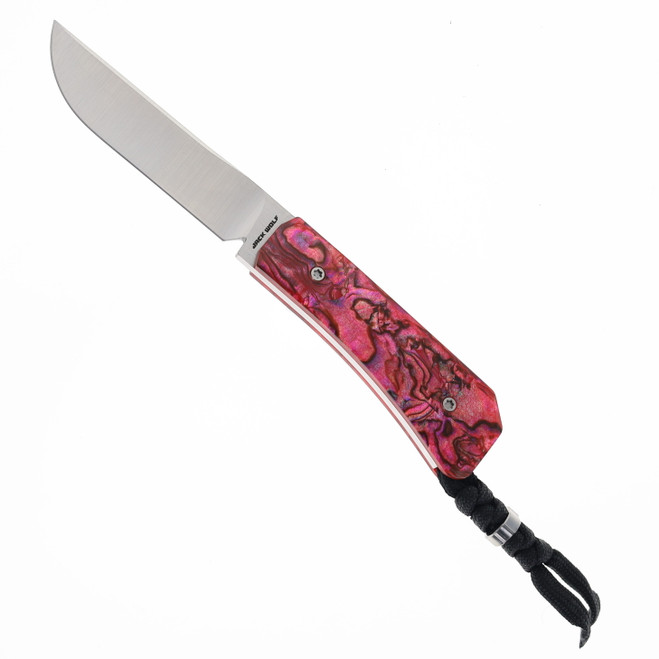 Jack Wolf Pioneer Fixed Blade Knife Red Abalone Handle S90V Plain Edge Belt Satin Finish