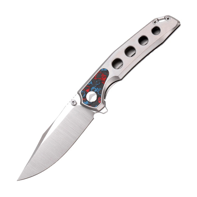 FerraMonster Valken Folding Knife Titanium/Nebula FatCarbon Fiber Handle M390 Plain Edge Drop Point Plain Edge Belt Satin Finish FM23005-A