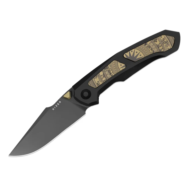 Kizer Feweed XL Folding Knife Black/Gold Titanium/Aluminum Handle S90V Harpoon Plain Edge Matte DLC Ultra Finish Ki4694A1