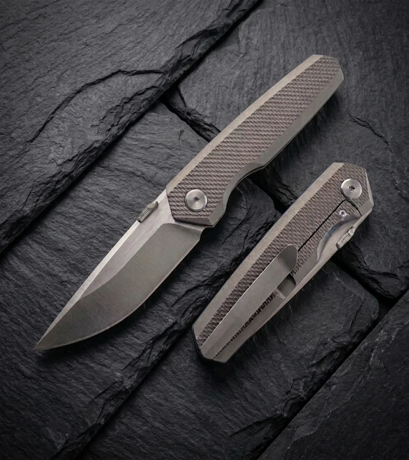 (Pre-Order Arrives in August) Vanguard Bastion Folding Knife Gray Titanium Handle Satin Vanax Blade