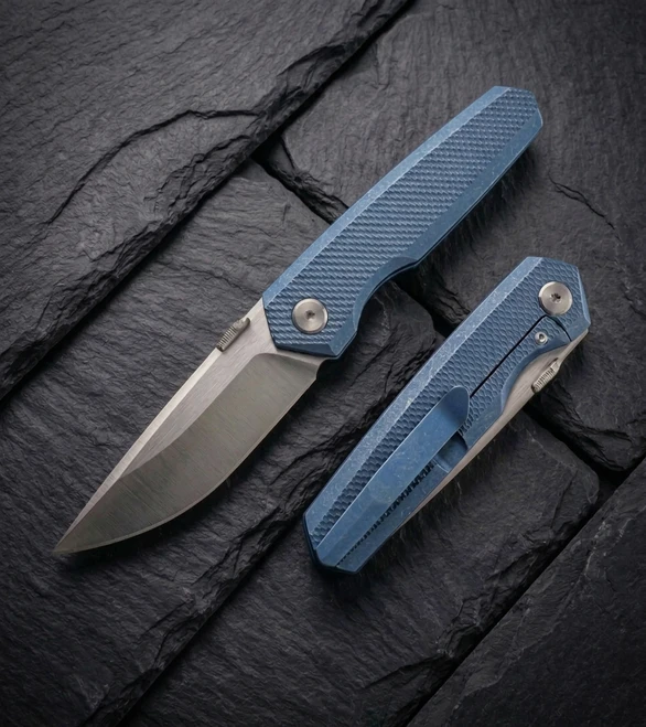 (Pre-Order Arrives in August) Vanguard Bastion Folding Knife Blue Titanium Handle Satin Vanax Blade