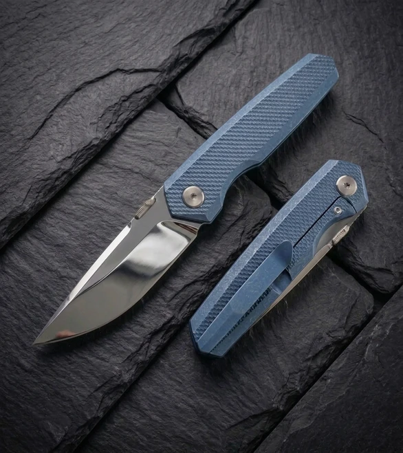 (Pre-Order Arrives in August) Vanguard Bastion Folding Knife Blue Titanium Handle Semi Mirror Vanax Blade