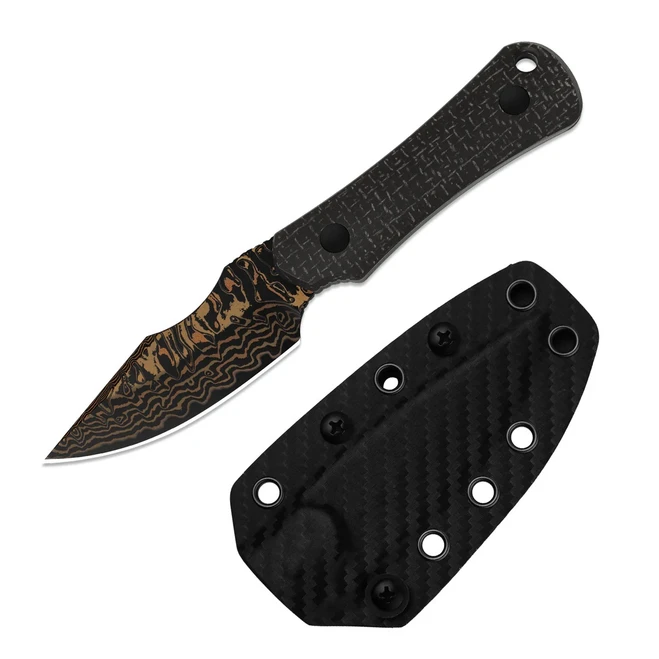 Kizer Bone Fixed Blade Knife Black Micarta Handle Copper Damascus Drop Point Plain Edge Acid Wash Finish 1122A2