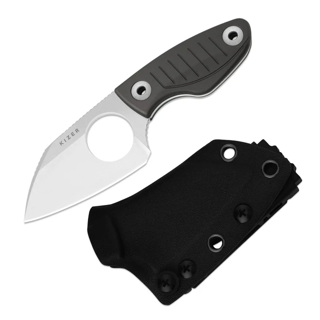 Kizer Nightjar Fixed Blade Knife Gray Aluminum Handle AUS-10 Sheepsfoot Plain Edge Stonewash Finish 1114A2