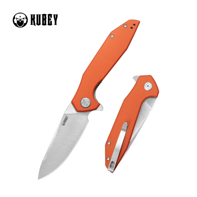 Kubey Nova Folding Knife Orange G10 Handle 14C28N Drop Point Plain Edge Satin Finish KU117M