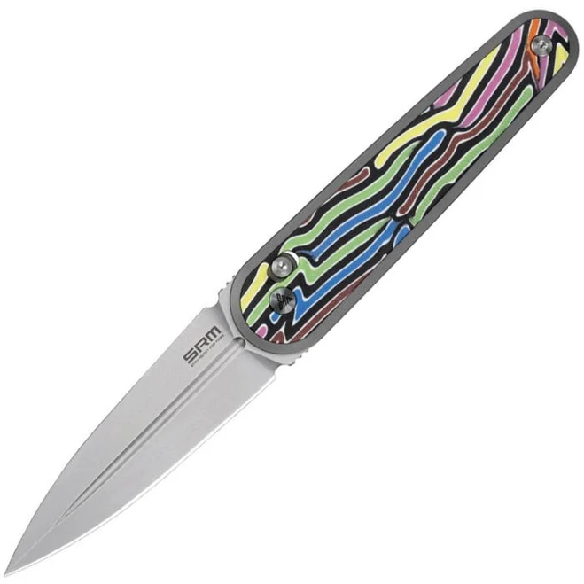 SRM Twin Folding Knife Rainbow G10 Handle N680 Dagger Plain Edge Beadblast Finish 251MB-GX