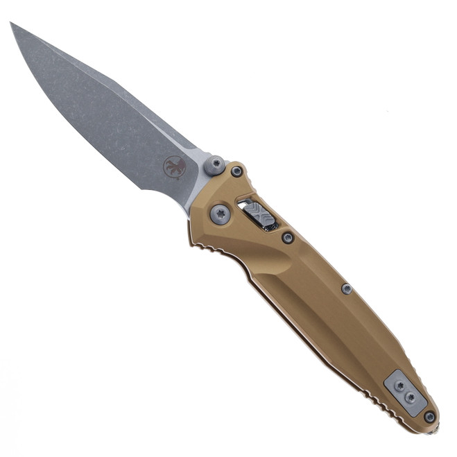 Microtech Socom Delta Ram-Lok Folding Knife Tan Aluminum Handle Apocalyptic M390MK Spearpoint Blade 159RL-10APTA
