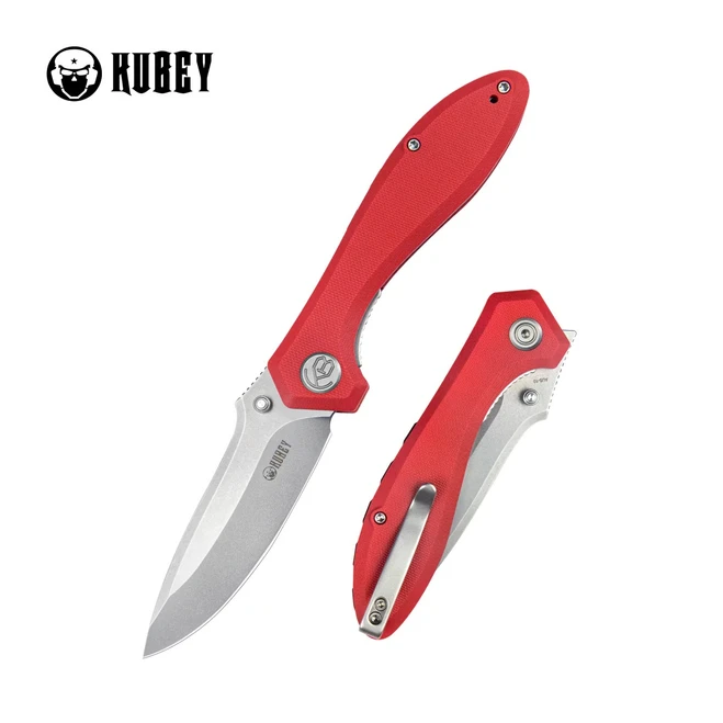 Kubey Ruckus Liner Lock Folding Knife Red G10 Handle AUS-10 Plain Edge Bead Blast Finish KU314J