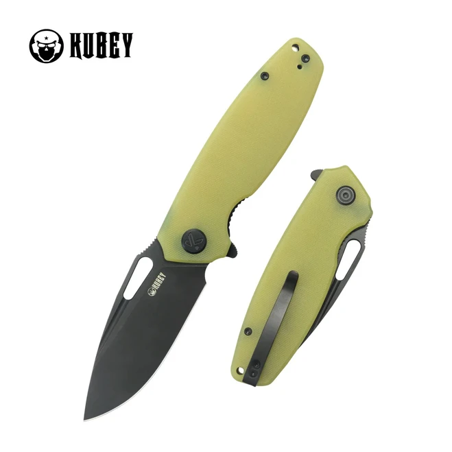 Kubey Tityus Linerlock Folding Knife Translucent Yellow G10 Handle AUS-10 Drop Point Plain Edge Satin Finish KU322Z