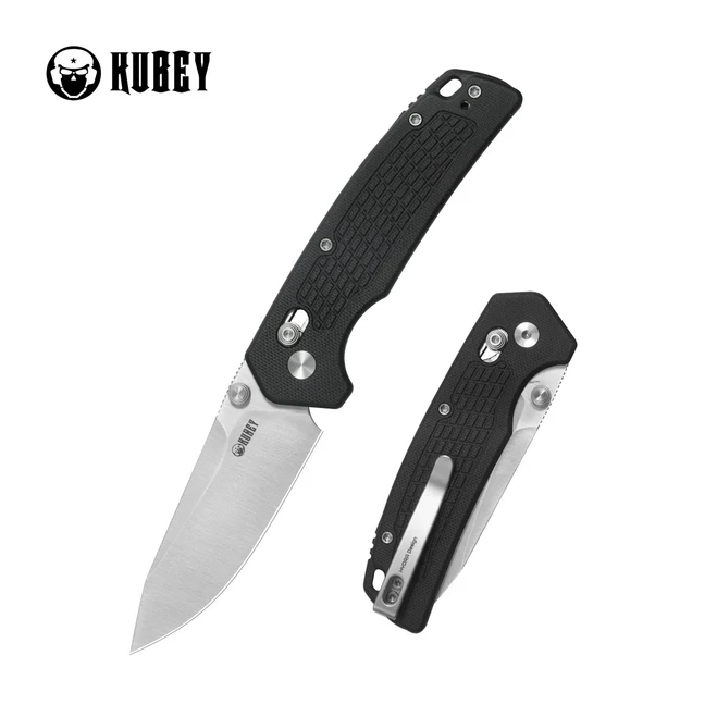 Kubey Freki Folding Knife Black G10 Handle 14C28N Drop Point Plain Edge Satin Finish KU465A