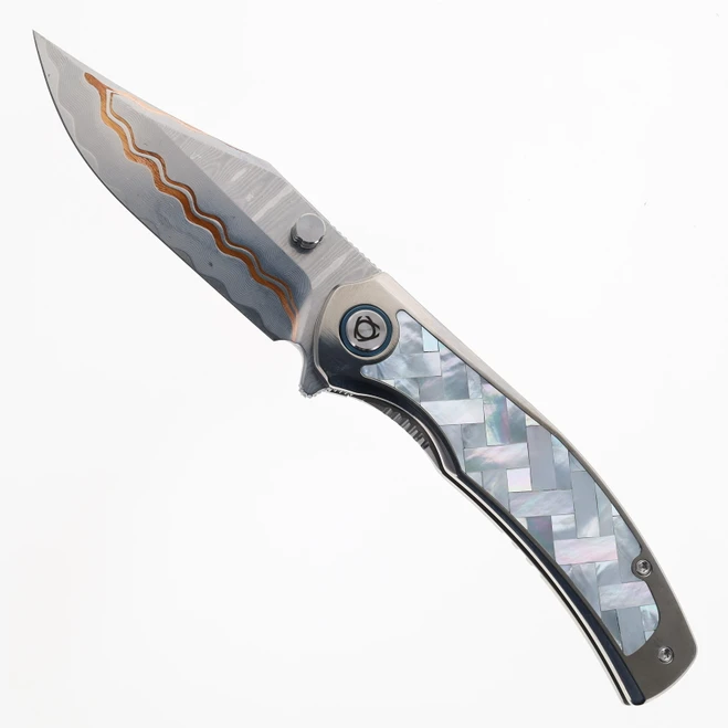 SixLeaf Folding Knife Mother of Pearl Titanium Handle Damascus Plain Edge SL-101-Damascus