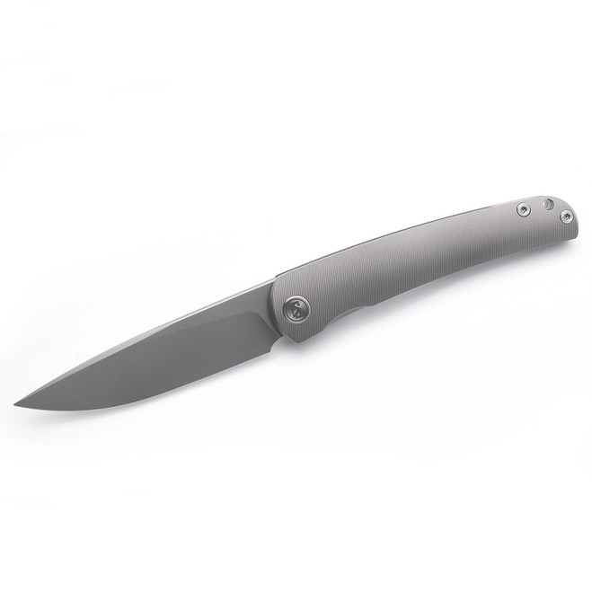 (Open Box) Returned Miguron Akri Folding Knife Front Flipper Sandblasted Gray Titanium Handle M390 Blade Steel