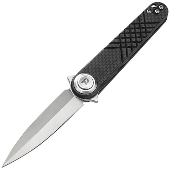 Dreamtech Button Lock Folding Knife Black G10/Carbon Fiber Handle 14C28N Dagger Plain Edge Satin Finish DTK4052CF