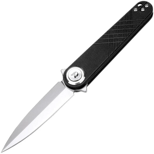 Dreamtech Button Lock Folding Knife Black G10 Handle 14C28N Dagger False Edge Satin Finish DTK4052GB