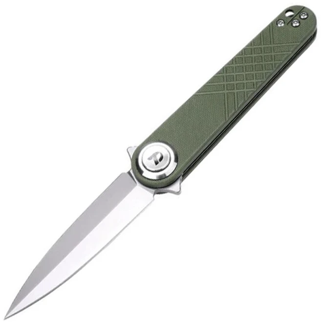 Dreamtech Button Lock Folding Knife Green G10 Handle 14C28N Dagger Plain Edge Satin Finish DTK4052GGR